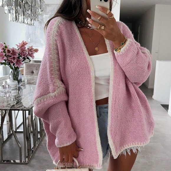 Sweaters - Dusty Pink Casual Women's Colorblock Long Sleeve Open Front Loose Cardigan